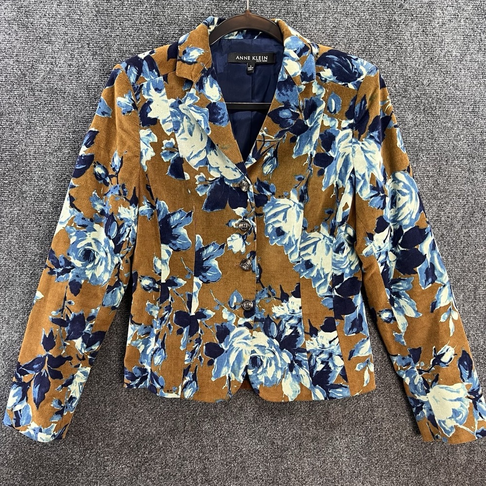 Vintage Anne Klein Blazer/Jacket Sz 4 Brown Floral Design Corduroy Long Sleeve